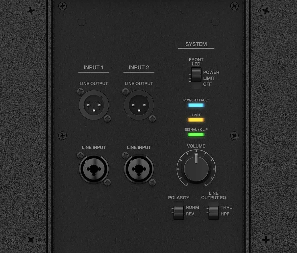 Control panel of the Bose F1 Subwoofer with inputs, line outputs, volume, polarity and line output EQ