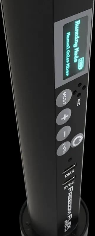 Control panel of a Chauvet DJ Freedom Flex Stick with its display, menu buttons and USB-C ports for DMX and power