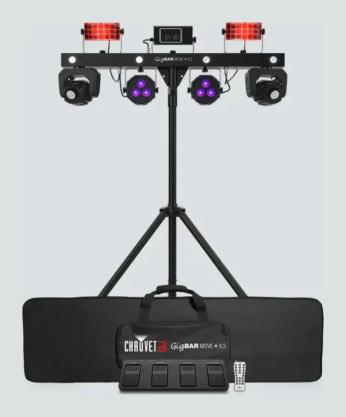 Chauvet DJ GigBAR Move + ILS with its carry bag, footswitch and remote