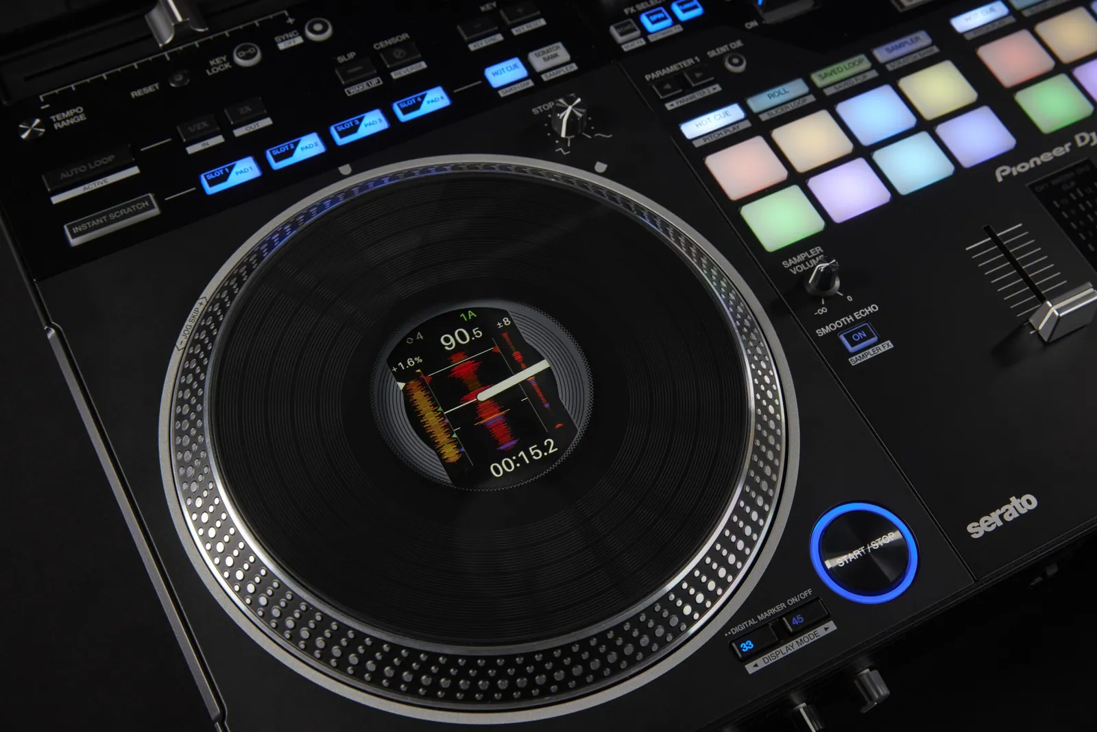 Motorised jog wheel with its centre display on the Pioneer DJ DDJ-REV7