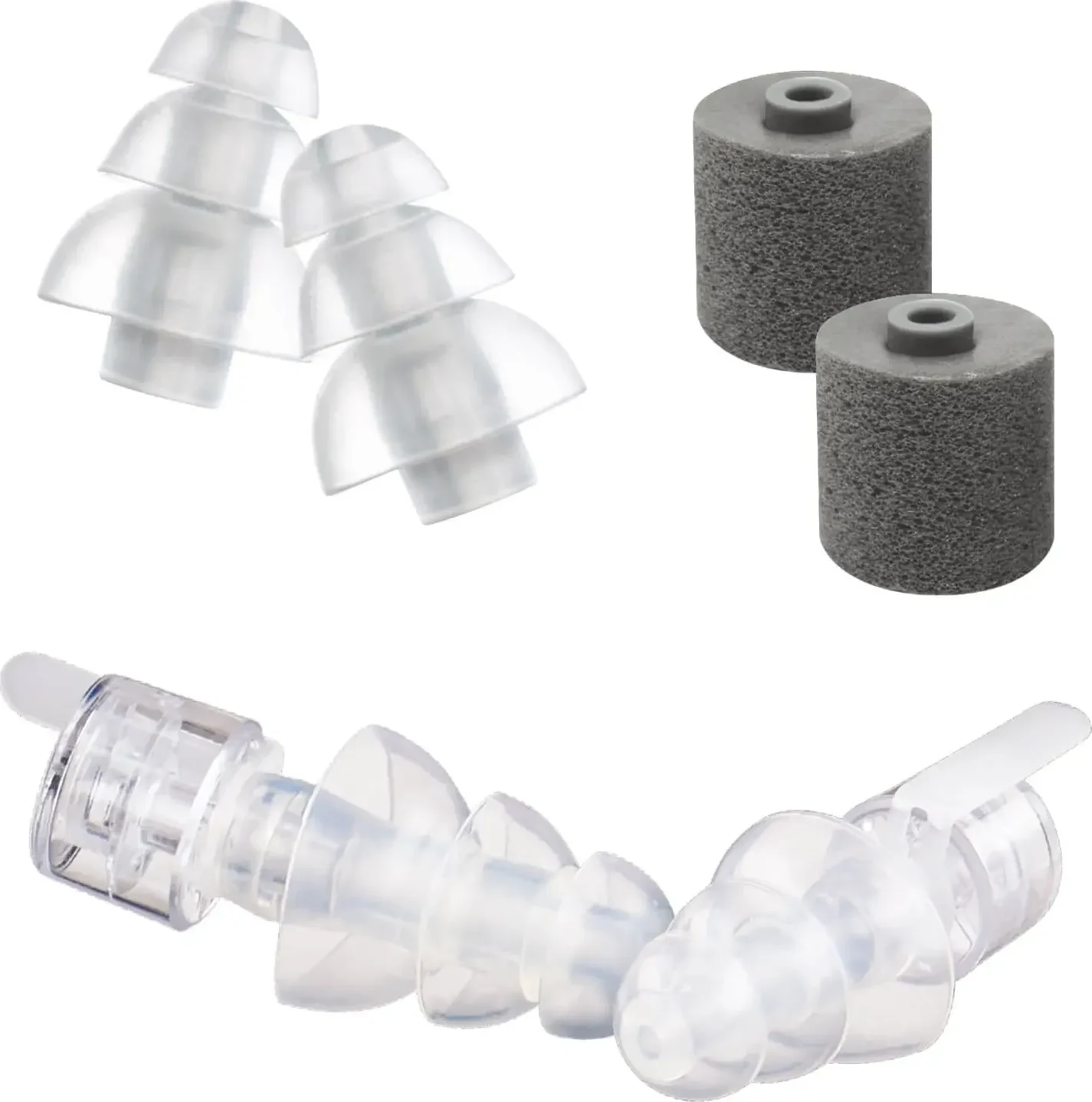 Etymotic ER20XS earplug with standard and large triple-flange tips and foam tips