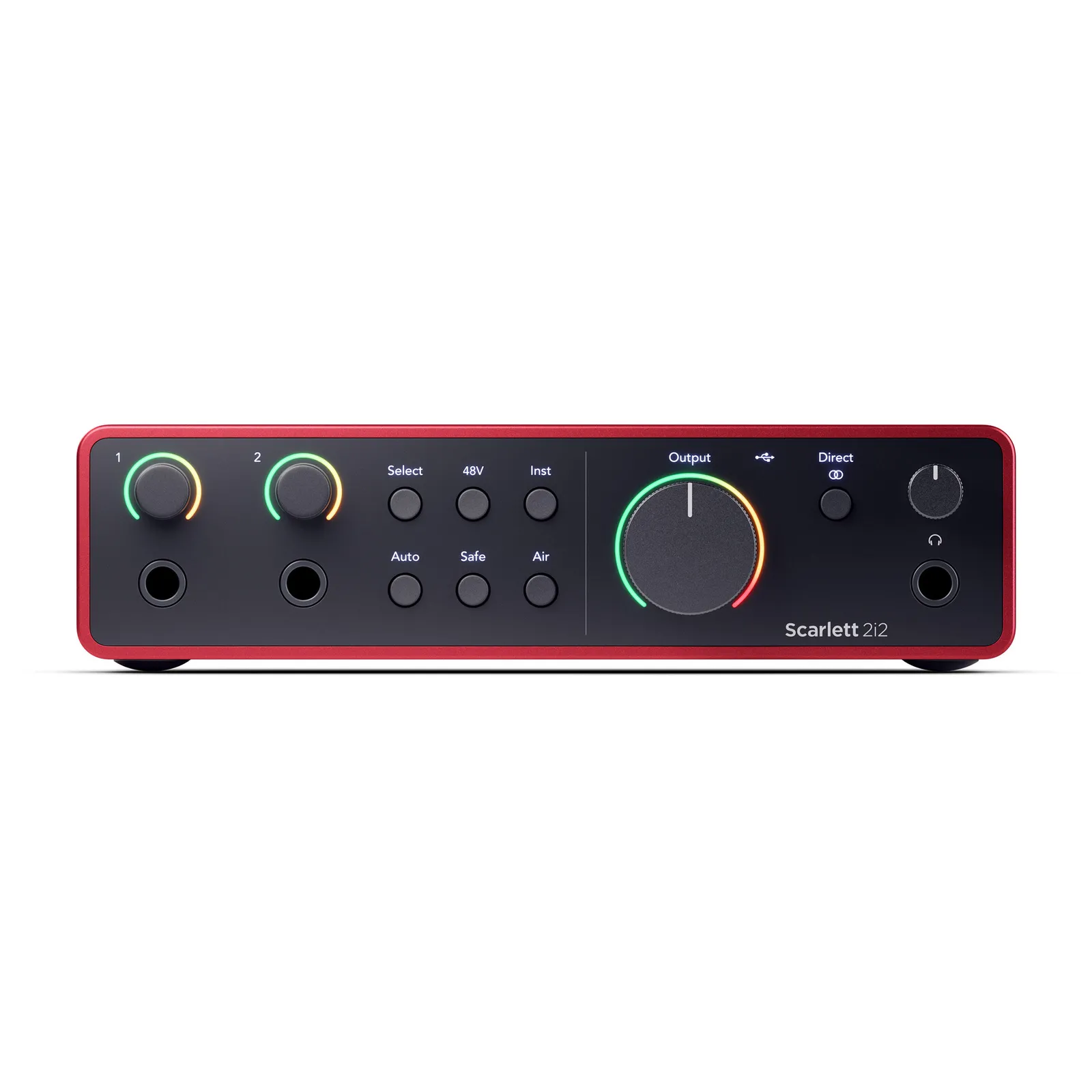 Front panel of the Focusrite Scarlett 2i2 (4th Gen) with two jack inputs, gain halos and the headphone output