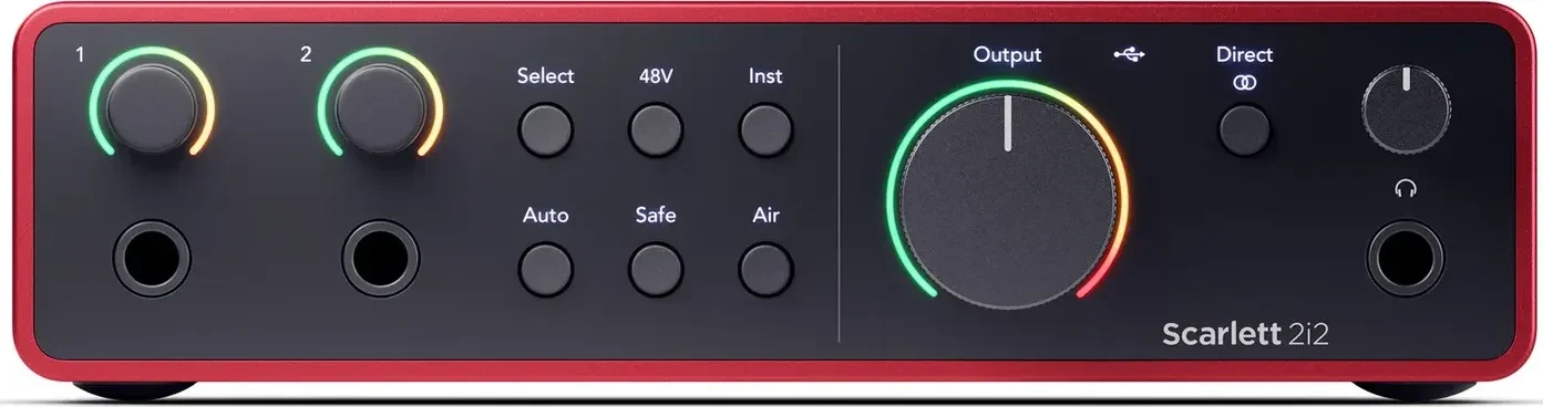 Front panel of the Focusrite Scarlett 2i2 (4th Gen) with two jack inputs, gain halos and the headphone output