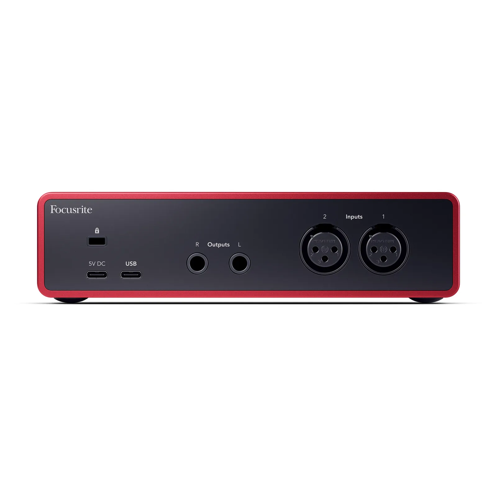 Rear panel of the Focusrite Scarlett 2i2 (4th Gen) with two XLR inputs, two line outputs and two USB-C ports