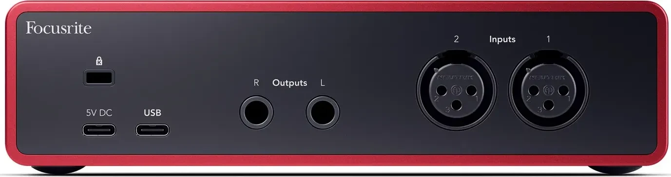 Rear panel of the Focusrite Scarlett 2i2 (4th Gen) with two XLR inputs, two line outputs and two USB-C ports