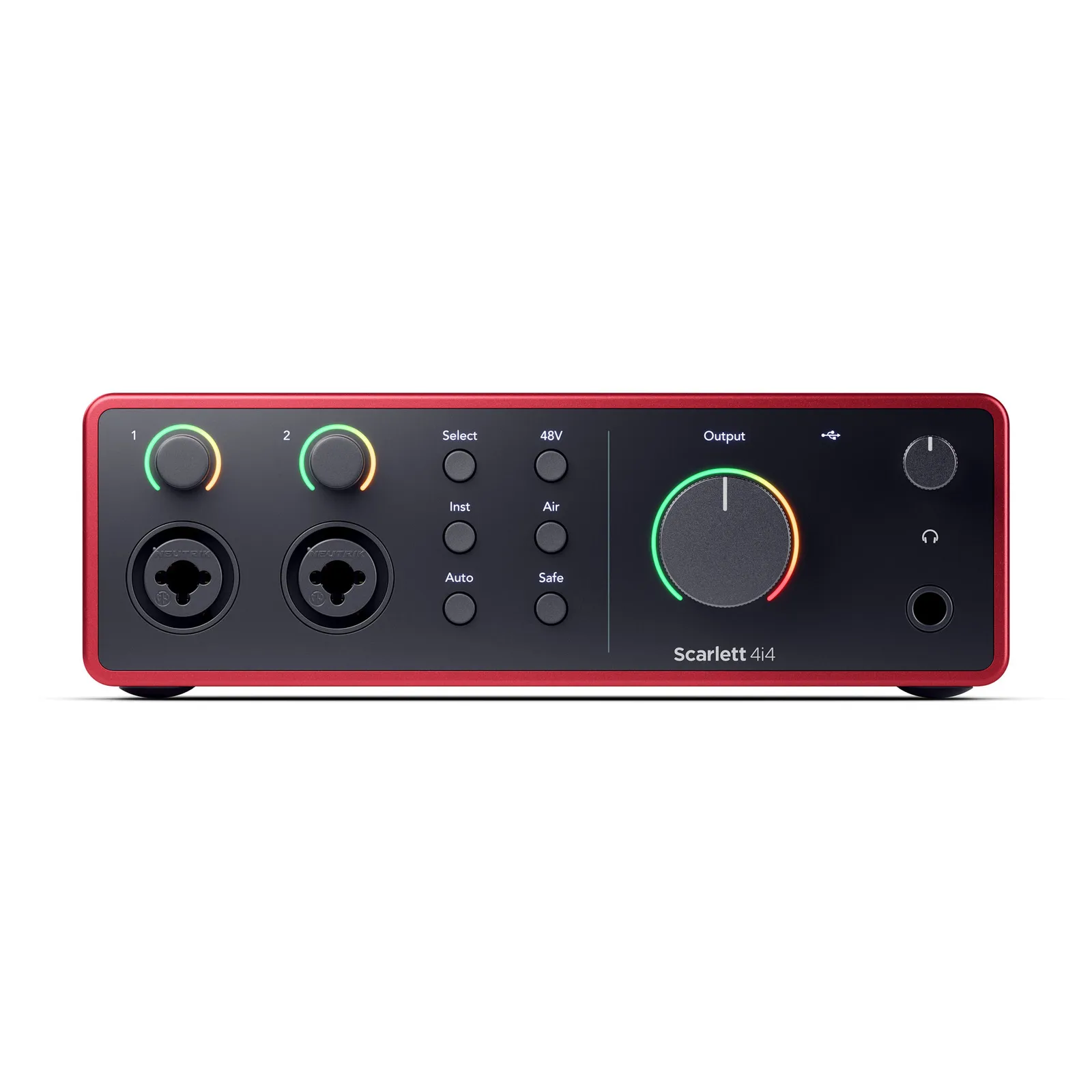 Front panel of the Focusrite Scarlett 4i4 (4th Gen) with two combo inputs, gain halos and the headphone output