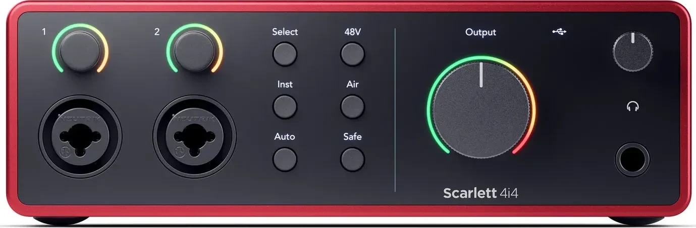 Front panel of the Focusrite Scarlett 4i4 (4th Gen) with two combo inputs, gain halos and the headphone output