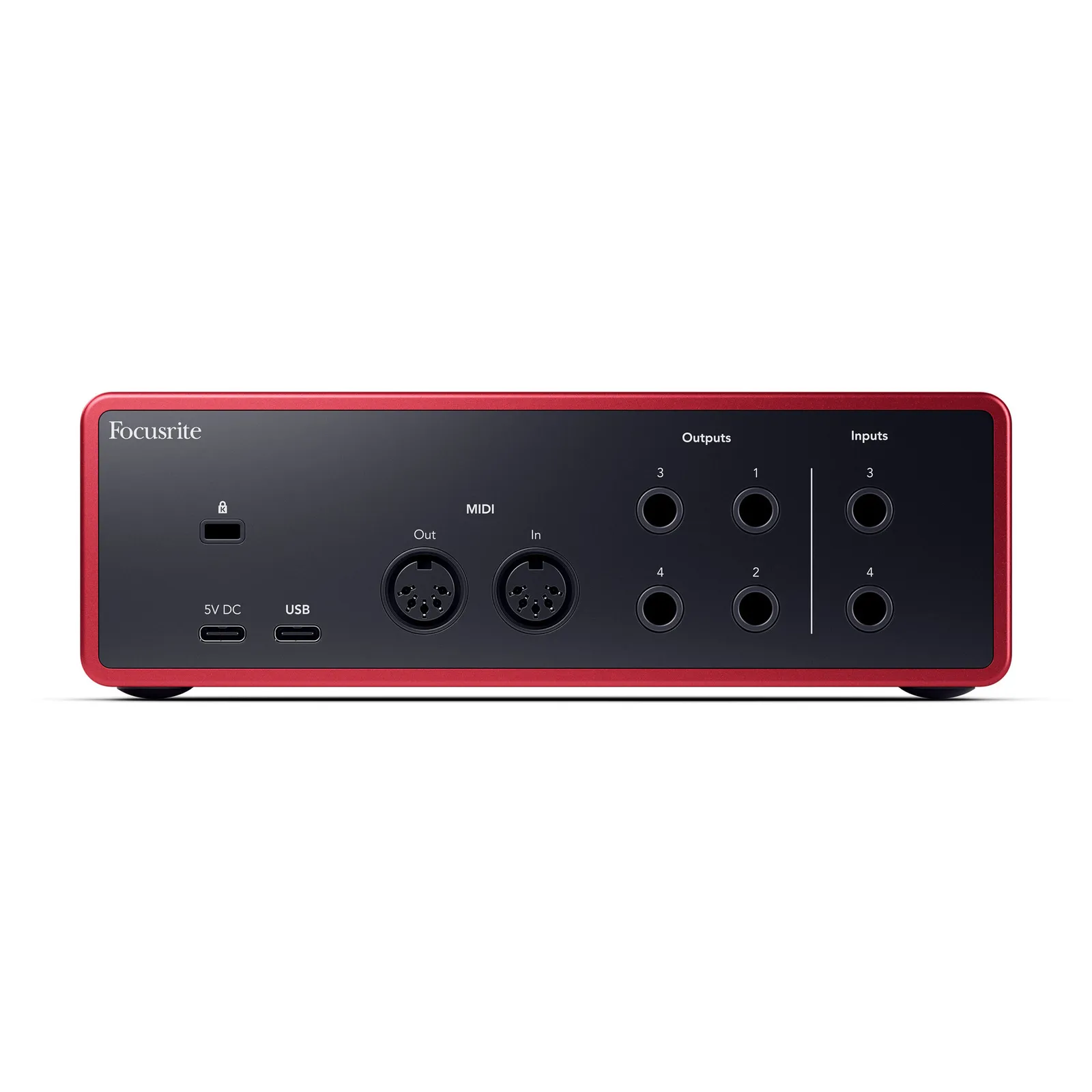 Rear panel of the Focusrite Scarlett 4i4 (4th Gen) with MIDI sockets, four line outputs, two line inputs and two USB-C ports