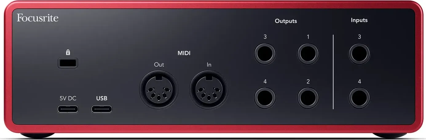 Rear panel of the Focusrite Scarlett 4i4 (4th Gen) with MIDI sockets, four line outputs, two line inputs and two USB-C ports