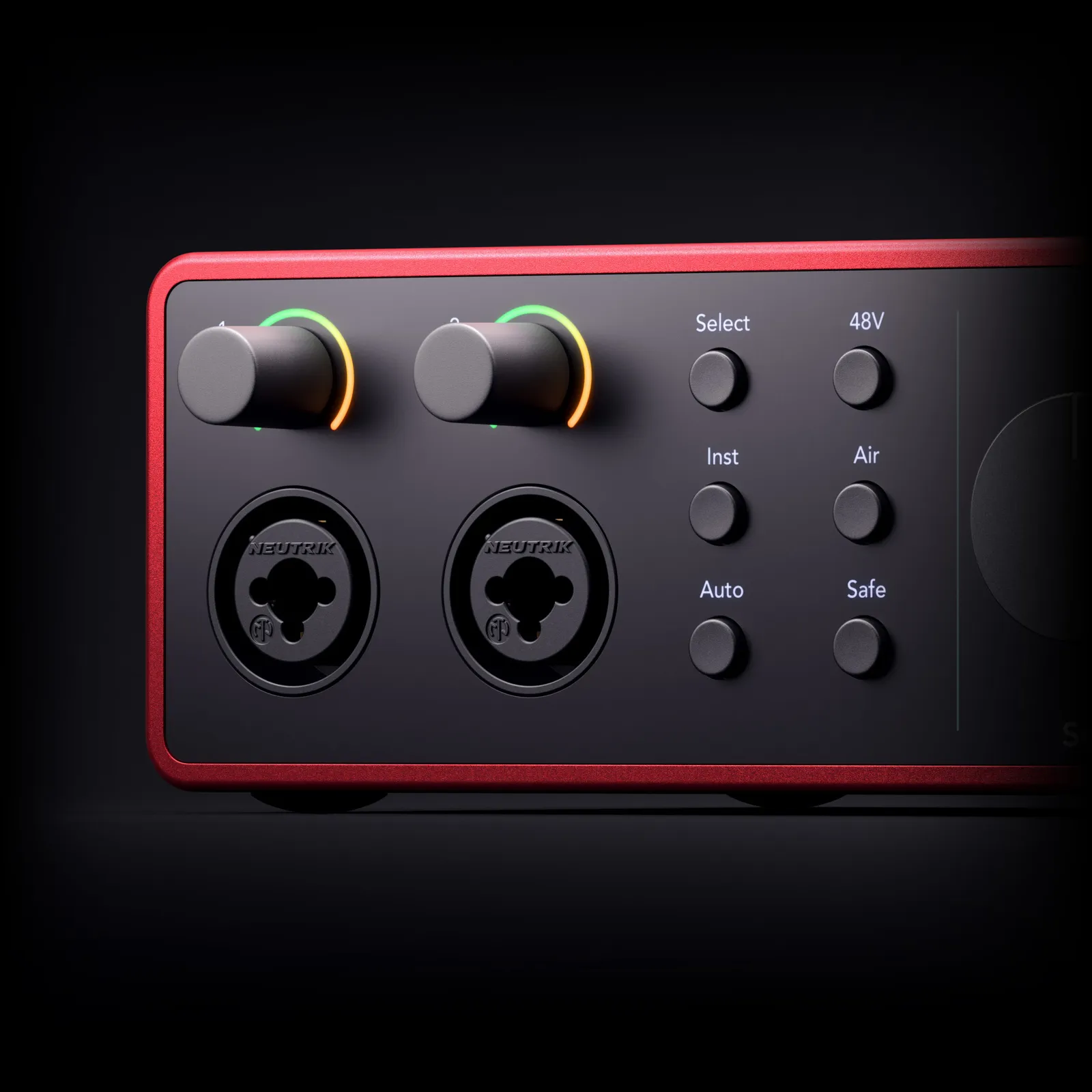 Combo inputs and preamp buttons on the Focusrite Scarlett 4i4 (4th Gen)