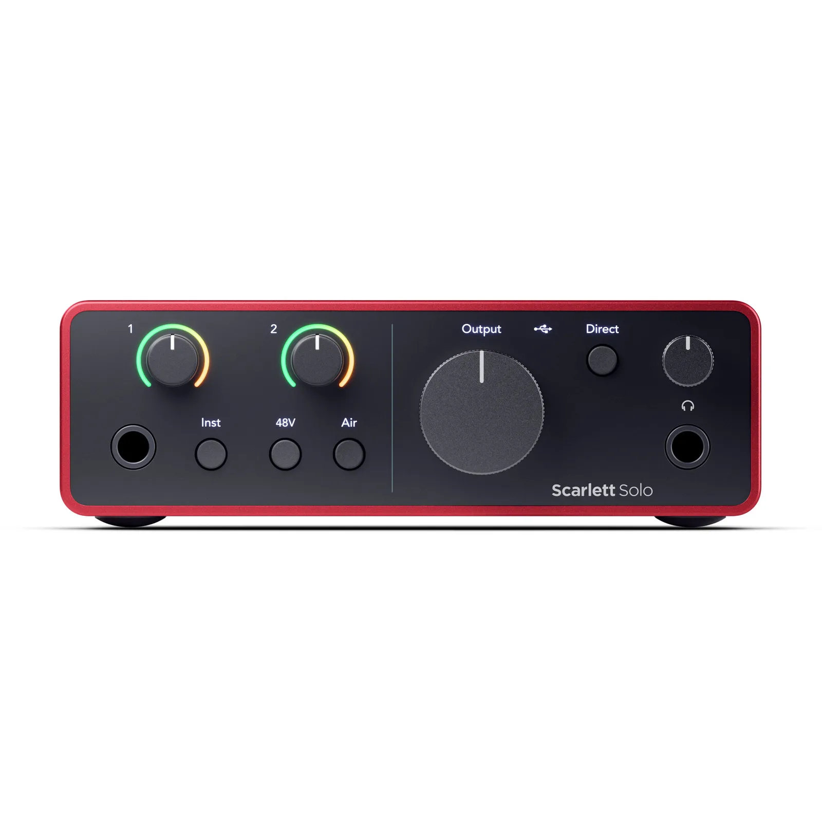 Front panel of the Focusrite Scarlett Solo (4th Gen) with its gain halos, jack input and headphone output