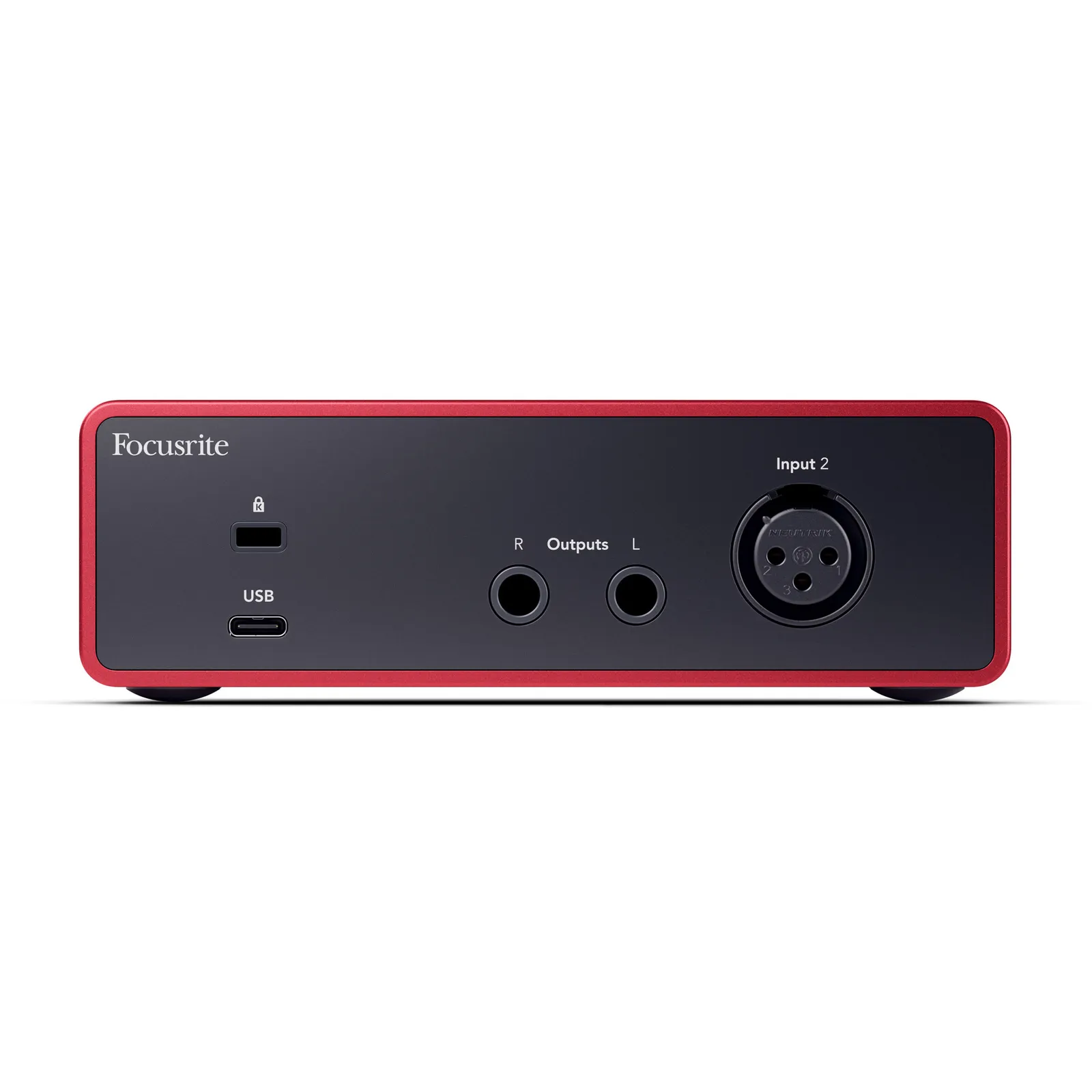 Rear panel of the Focusrite Scarlett Solo (4th Gen) with the XLR input, two line outputs and USB-C port