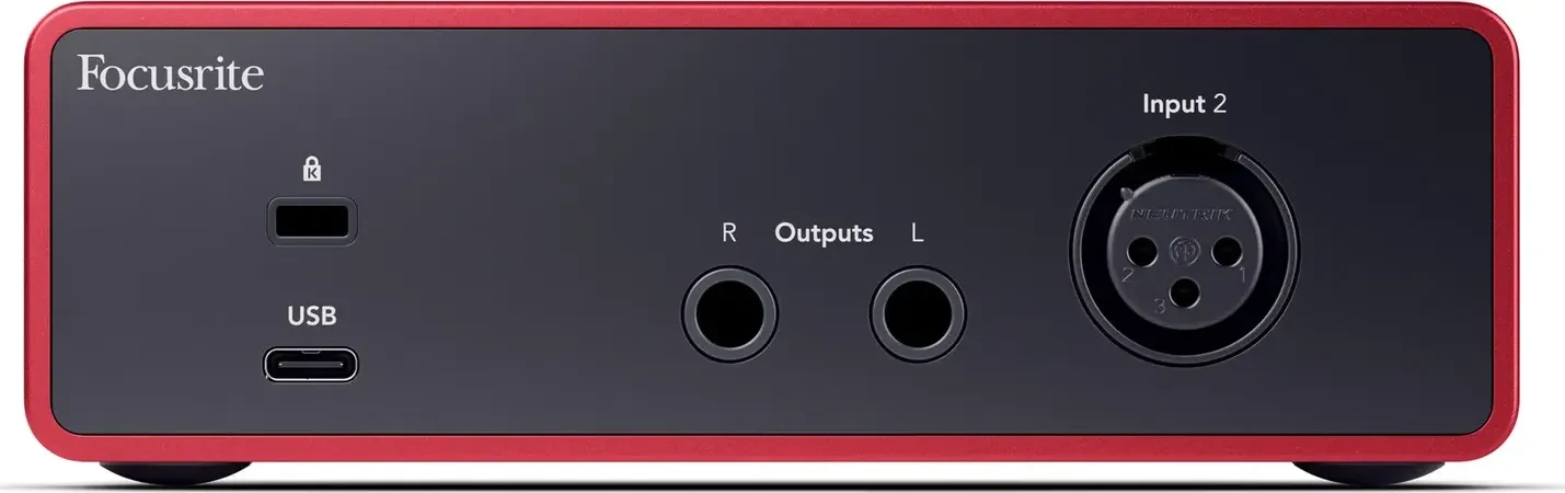 Rear panel of the Focusrite Scarlett Solo (4th Gen) with the XLR input, two line outputs and USB-C port