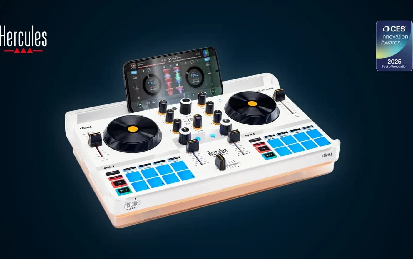 Hercules DJControl Mix Ultra at an angle with a phone in the cover's stand