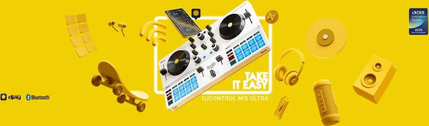 Hercules DJControl Mix Ultra launch artwork with a phone, headphones and a speaker