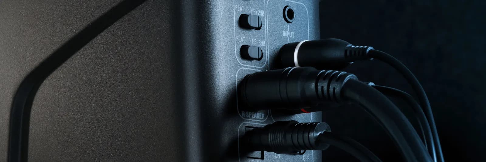 Cables plugged into the rear panel of an iLoud Micro Monitor