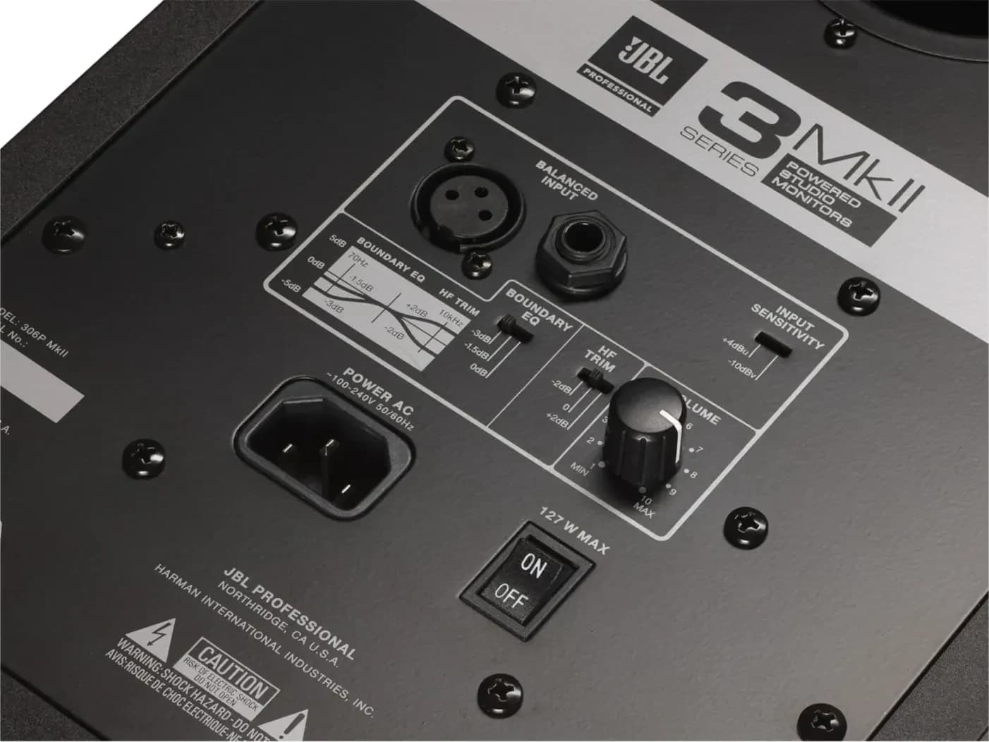 Rear panel of a JBL 3 Series MkII monitor, the layout used on the 305P MkII