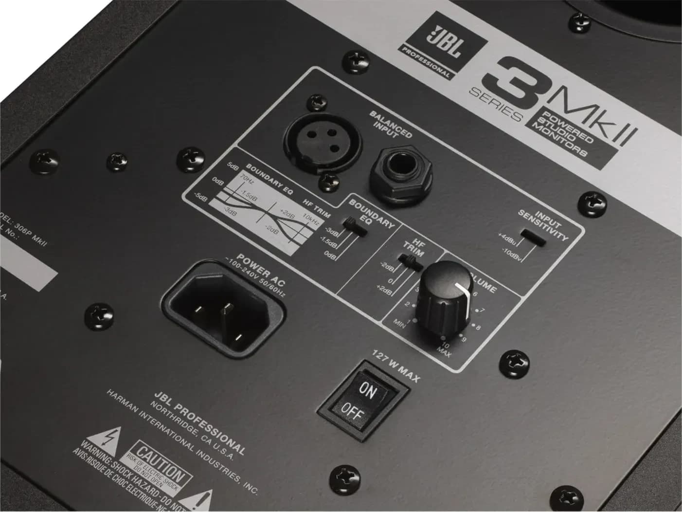 JBL 3 Series MkII rear panel with XLR and TRS inputs, trim and EQ switches