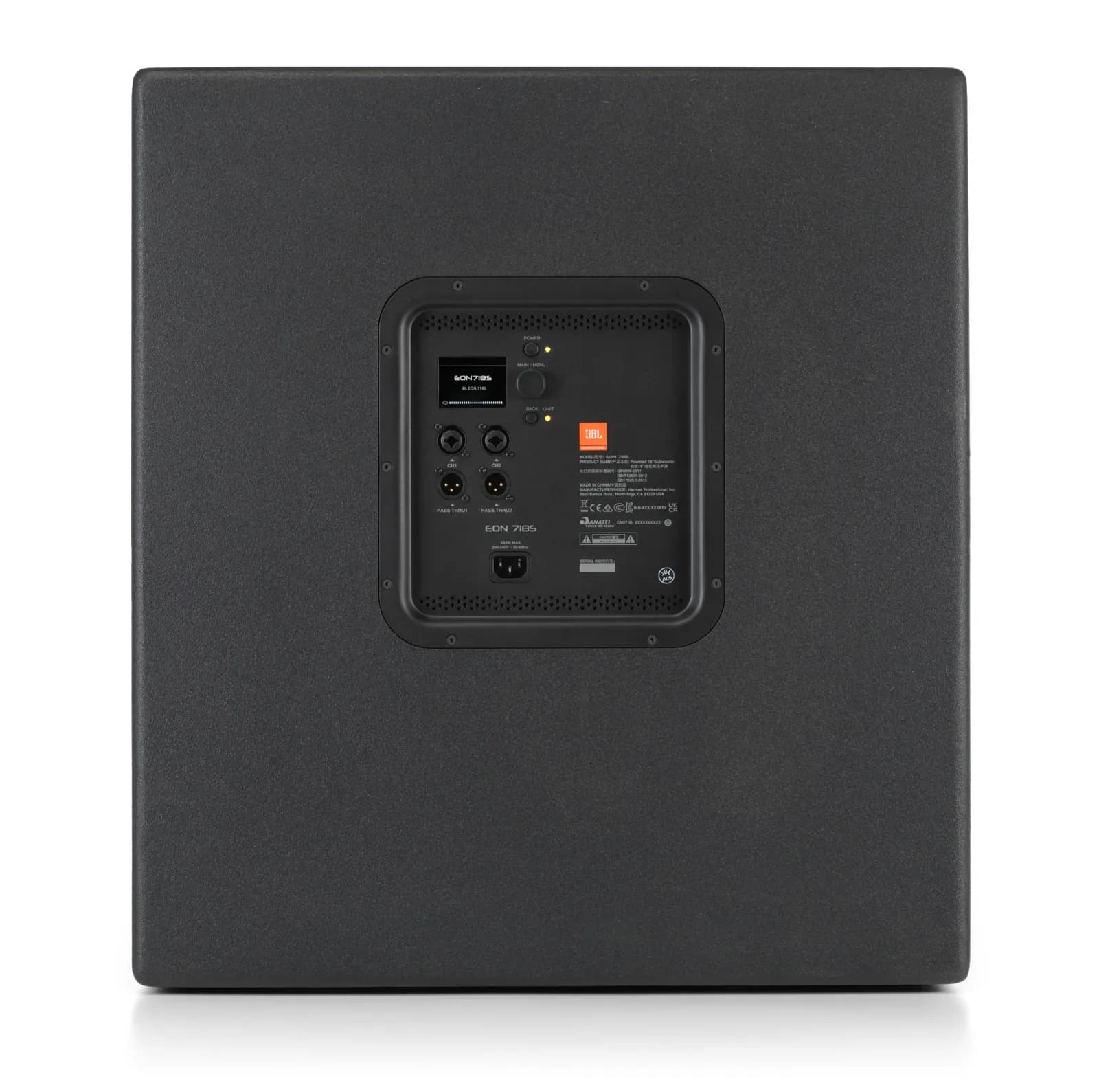 Rear panel of the JBL EON718S with its LCD, combo inputs and loop-thru outputs