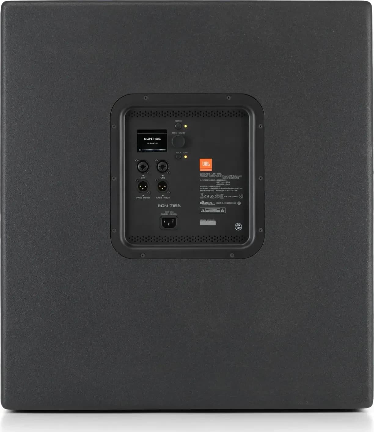 Rear panel of the JBL EON718S with its LCD, combo inputs and loop-thru outputs
