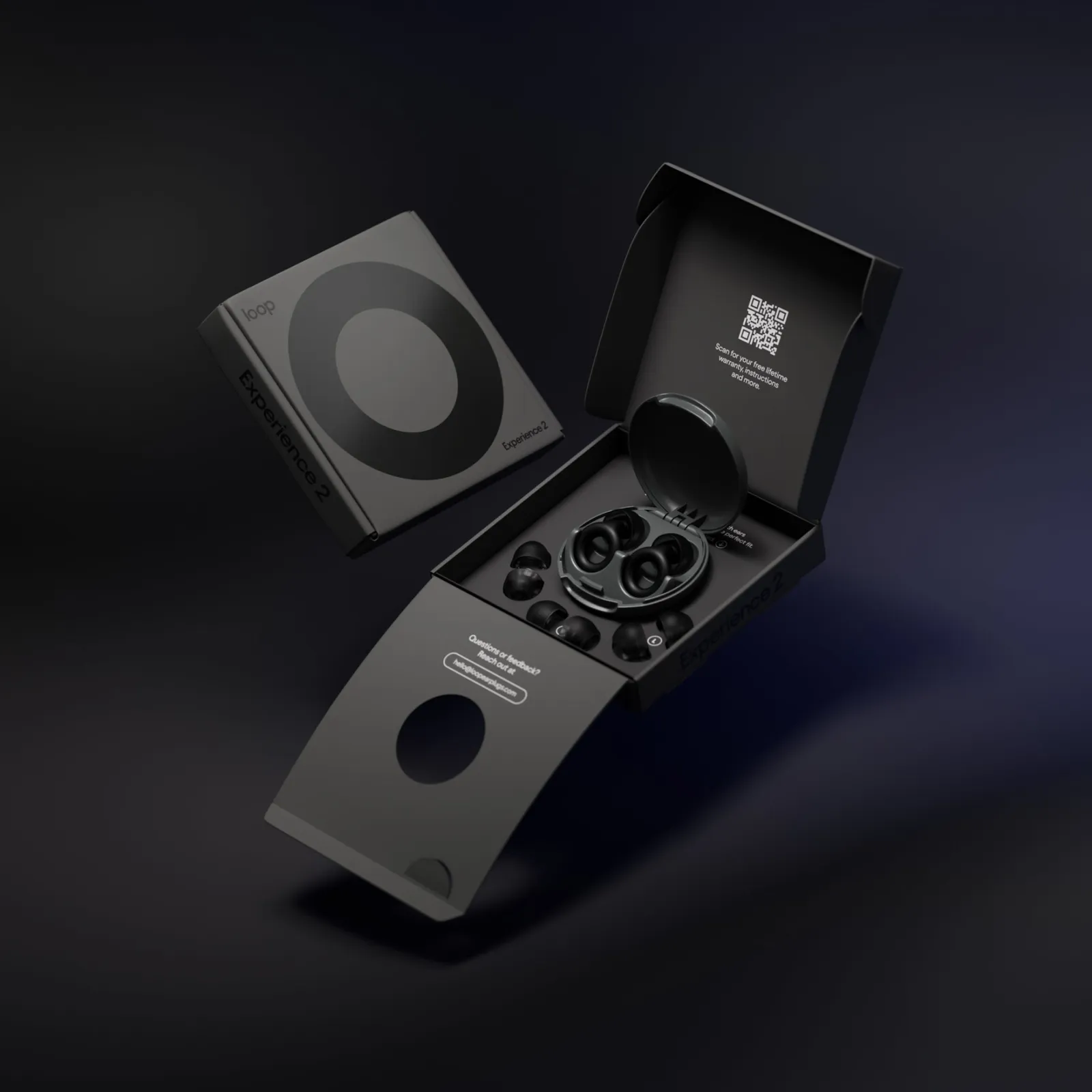 The Loop Experience 2 box open with the earplugs and ear tips