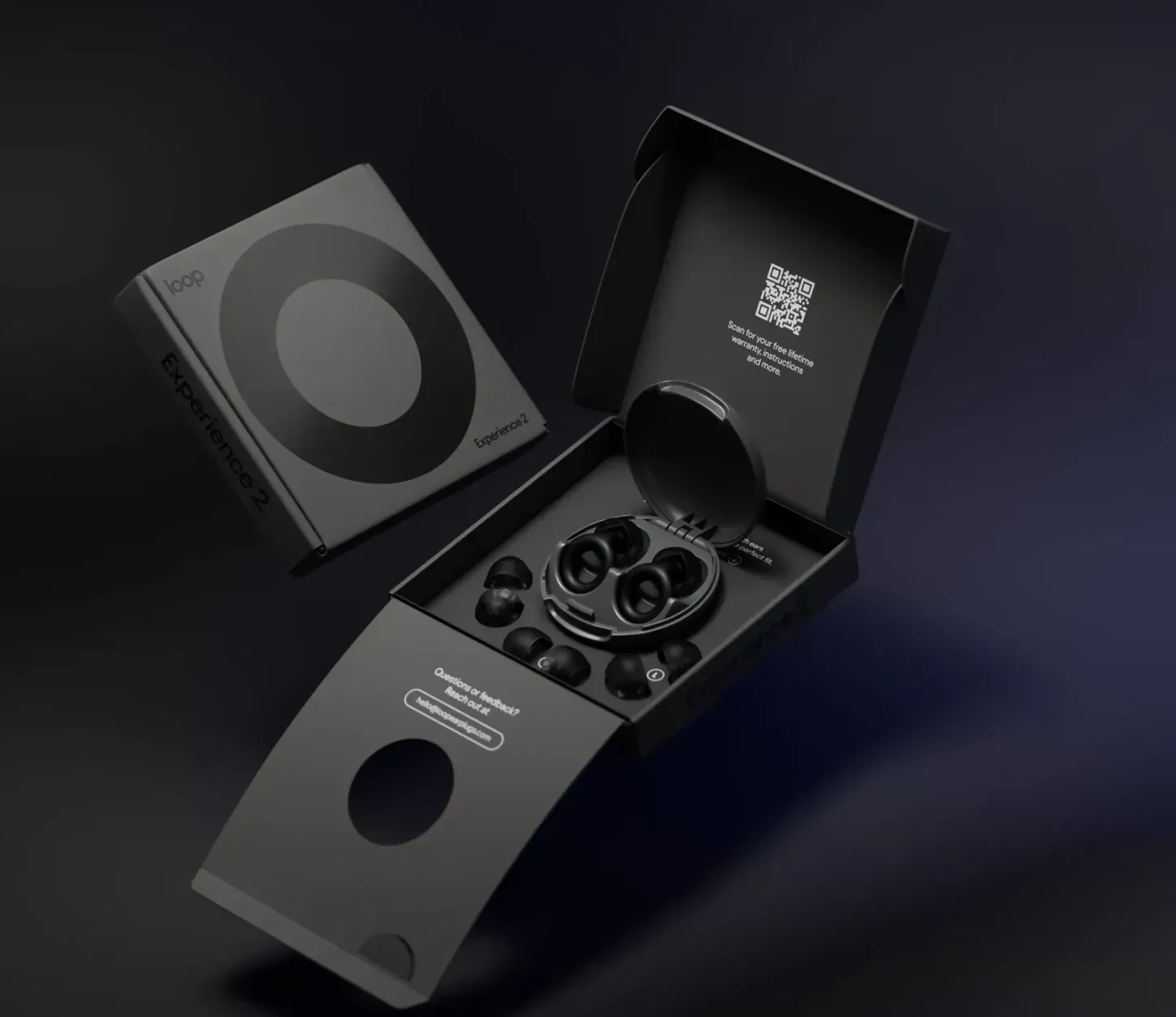 The Loop Experience 2 box open with the earplugs and ear tips