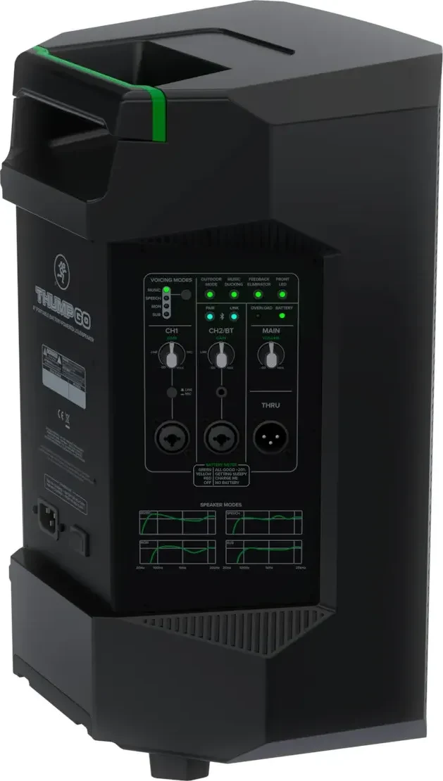 Mackie Thump GO loudspeaker, rear three-quarter view showing the control panel