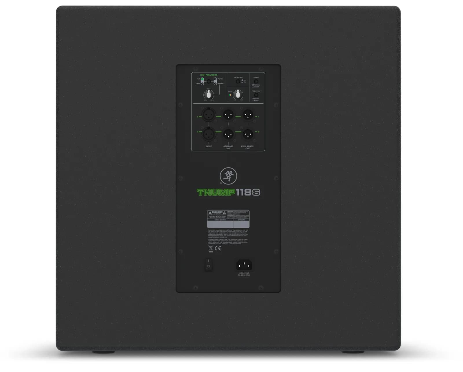 Rear panel of the Mackie Thump118S with its high pass modes, inputs and outputs