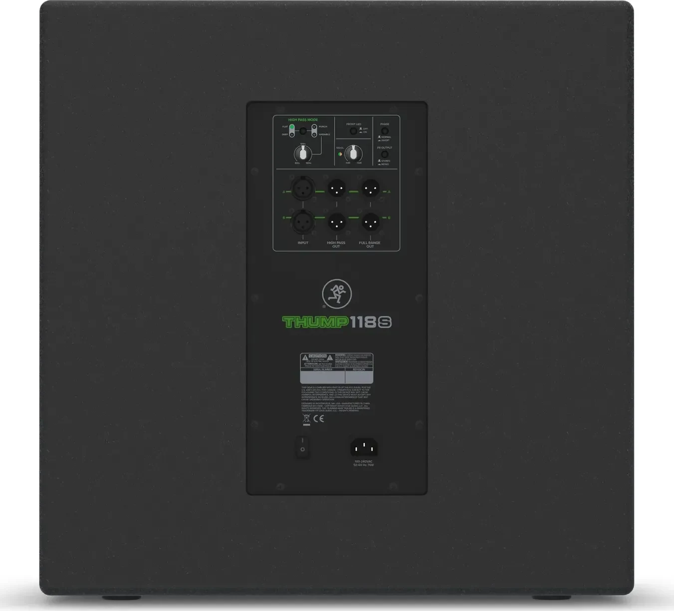 Rear panel of the Mackie Thump118S with its high pass modes, inputs and outputs
