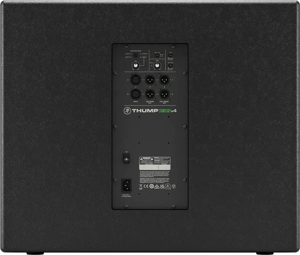 Rear panel of the Mackie Thump18Sv4 with its high-pass modes, inputs and outputs