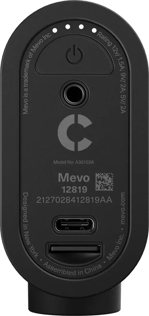 Back of the Mevo Start with the power button, 3.5 mm input, USB-C port and battery lights