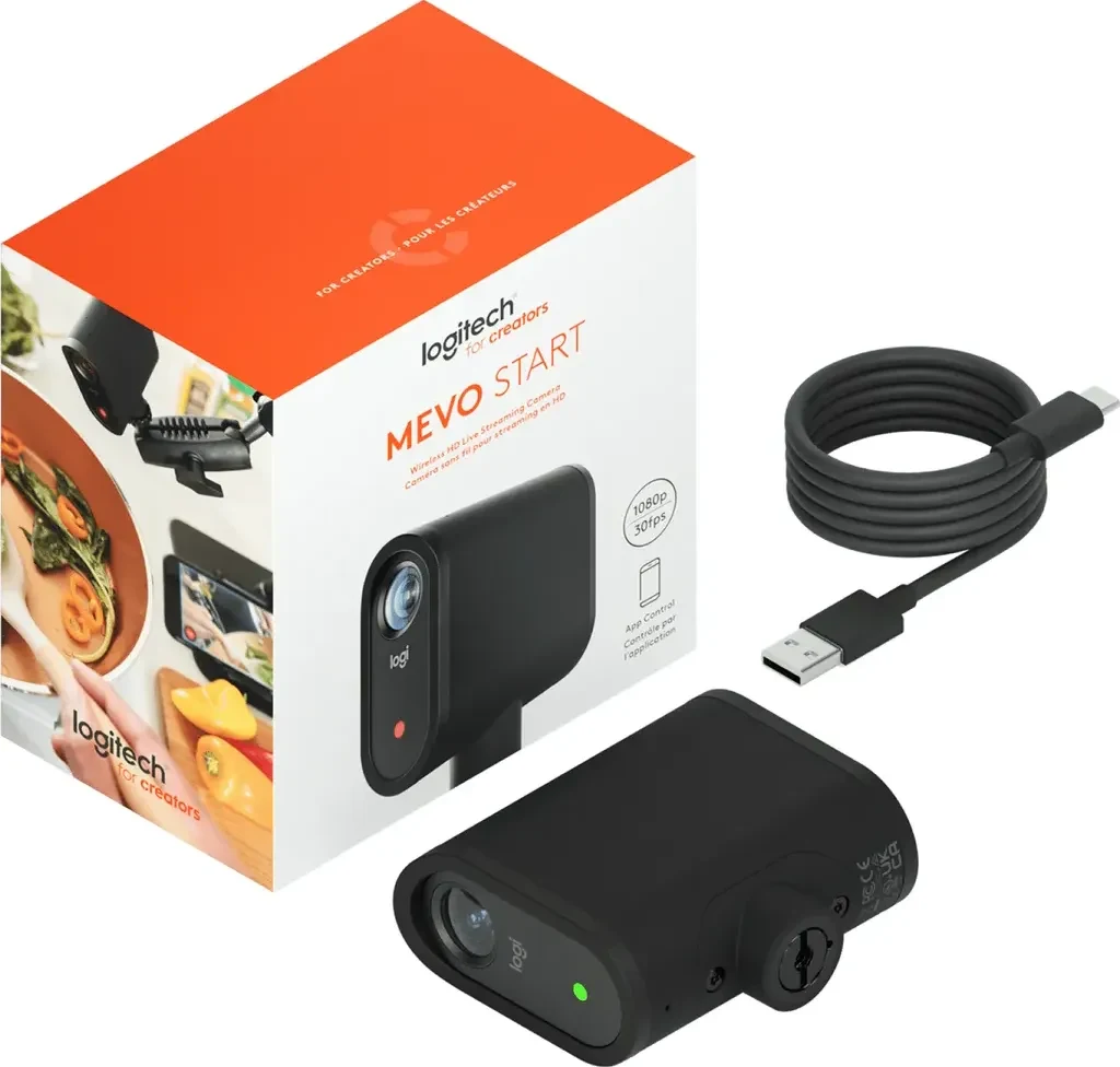 Mevo Start box contents: the camera, charging cable and mounting adapter