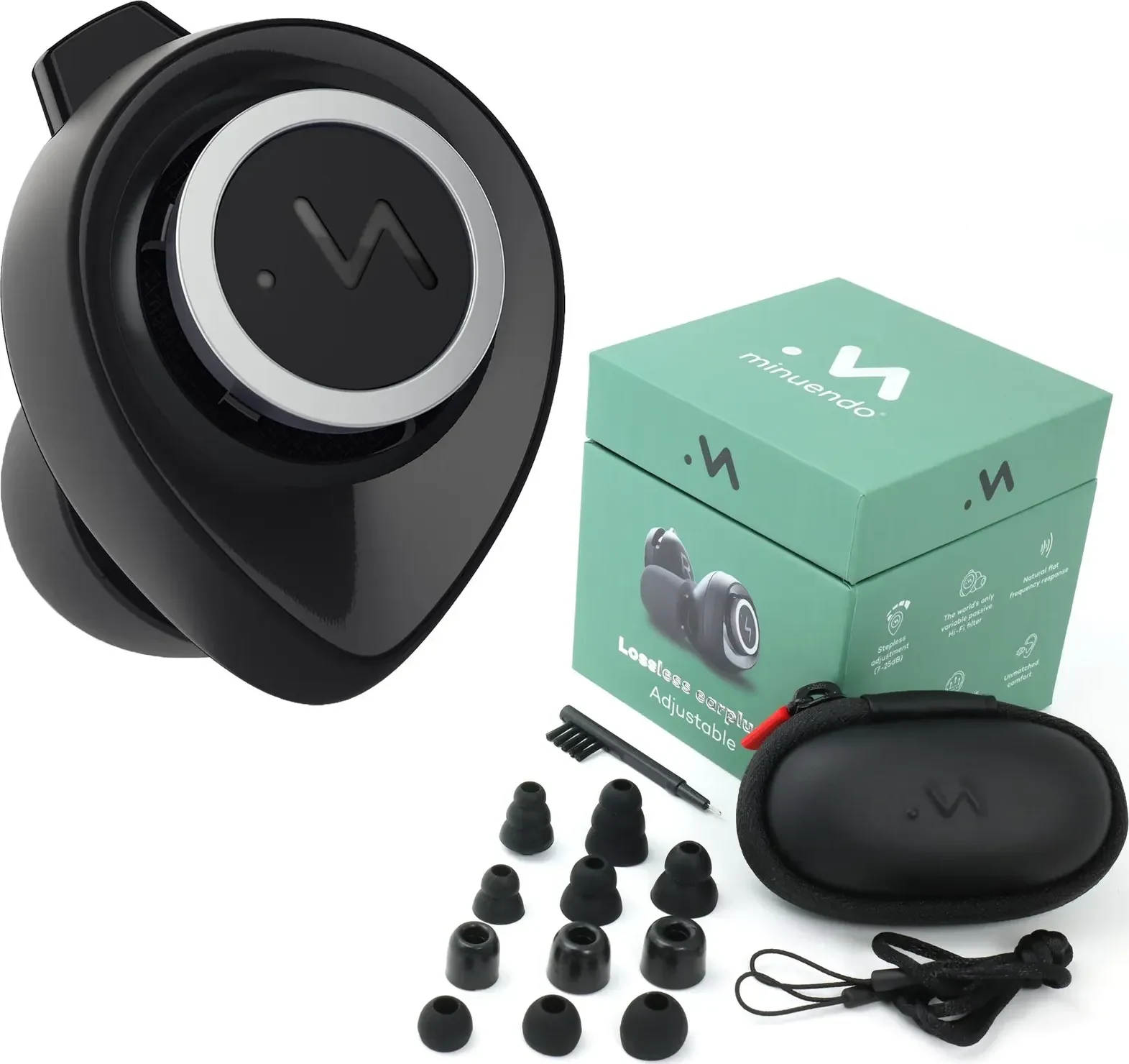 Minuendo Lossless Earplugs with the box, carry case, leash, brush and ear tips