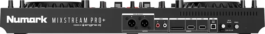 Rear panel of the Numark Mixstream Pro+ with XLR and RCA outputs, SD slot, USB ports and power input