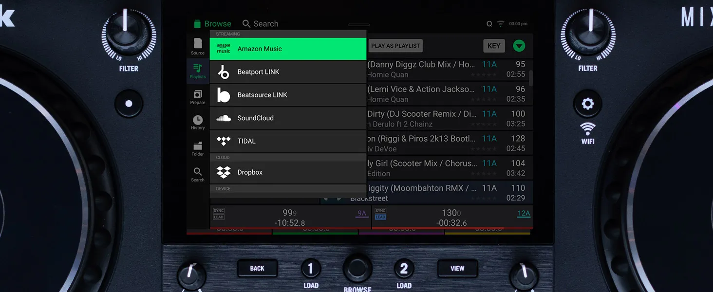 The streaming sources list on the touchscreen of the Numark Mixstream Pro+