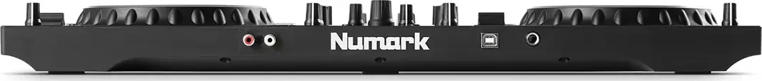 Rear panel of the Numark Mixtrack Pro FX with the RCA outputs, USB port and mic input