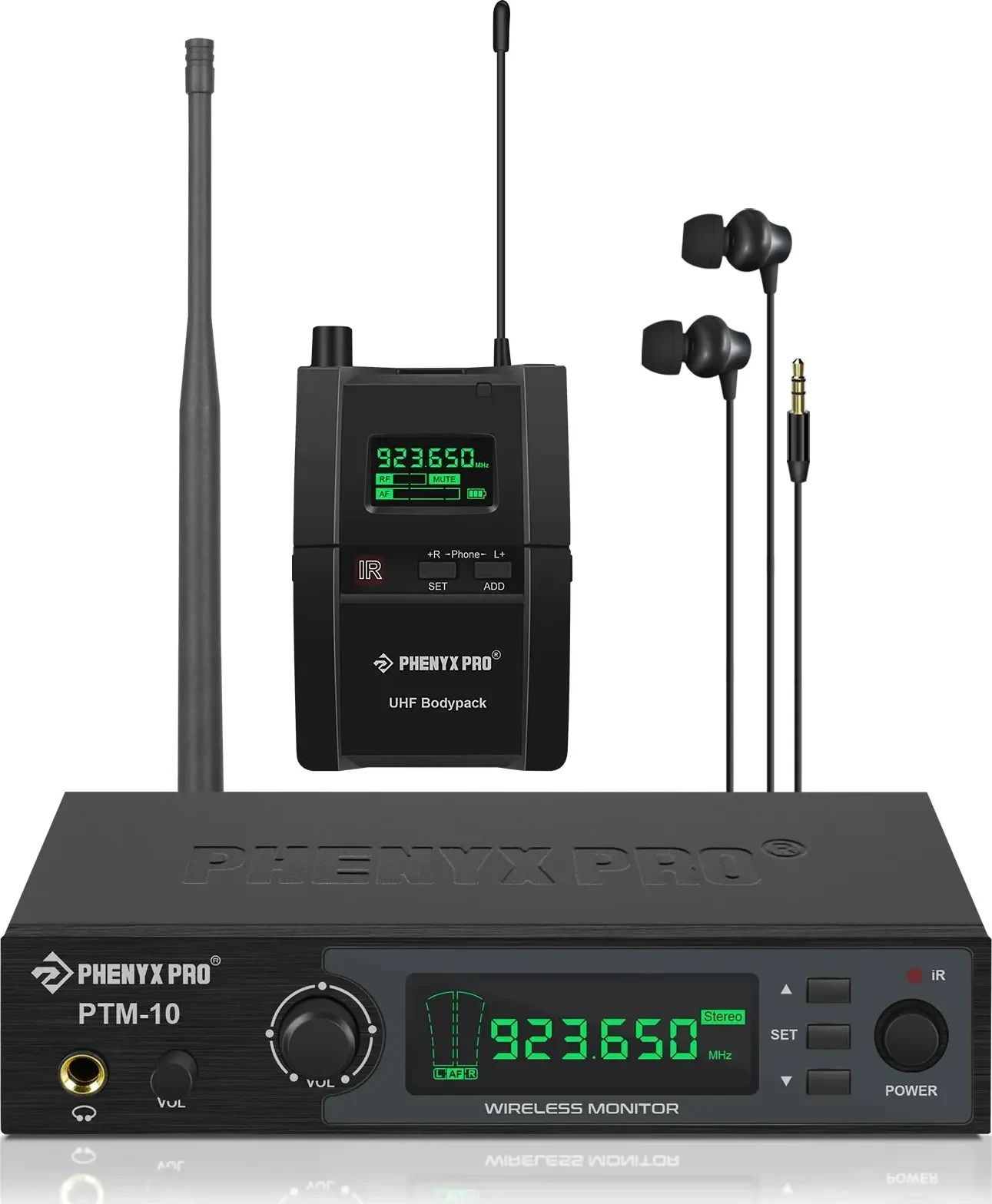 Phenyx Pro PTM-10 system: transmitter, bodypack receiver and earphones, front view