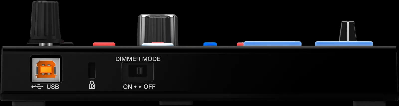 Rear panel of the Pioneer DJ DDJ-SP1 with its USB port and dimmer switch