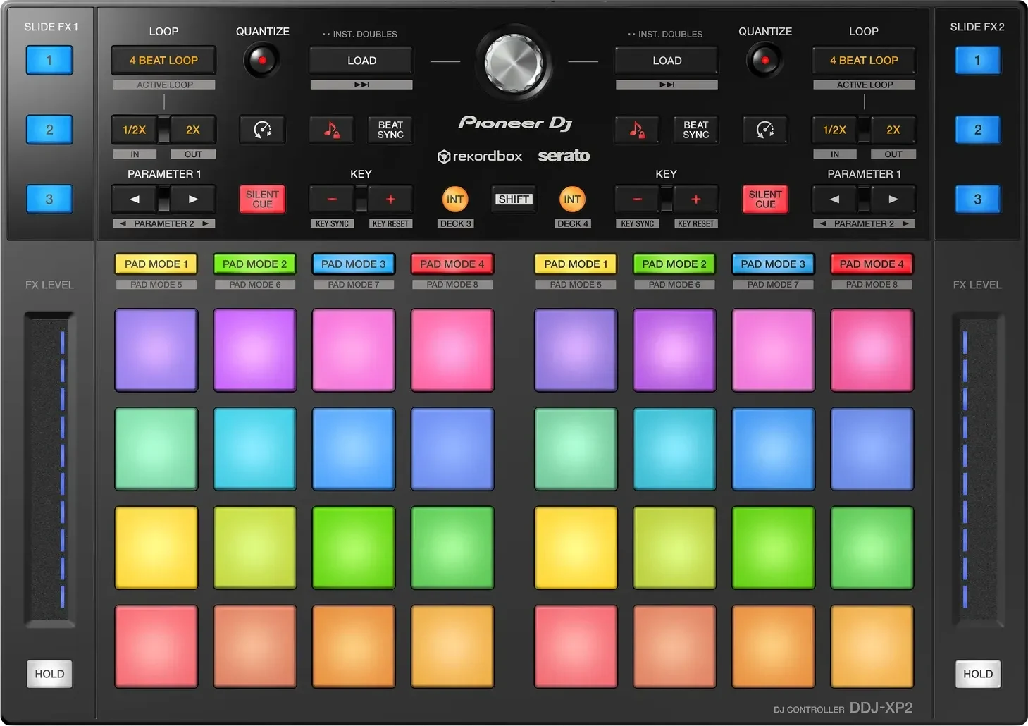 Pioneer DJ DDJ-XP2 from above, showing 32 pads and Slide FX strips