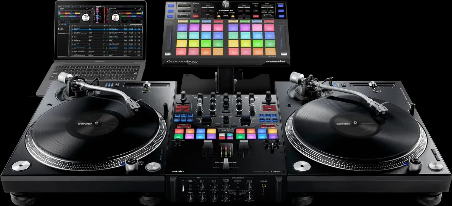 Pioneer DJ DDJ-XP2 on a stand above a scratch mixer between two turntables