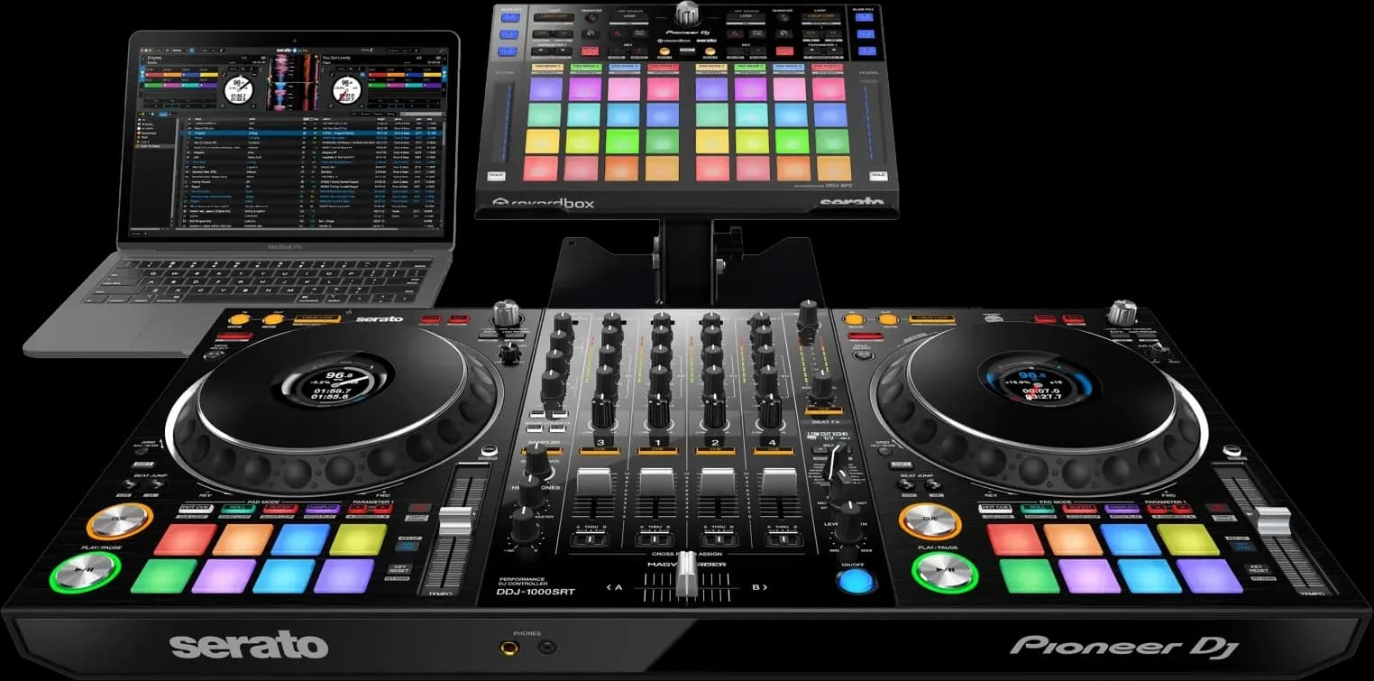 Pioneer DJ DDJ-XP2 on a stand above a DDJ-1000SRT controller