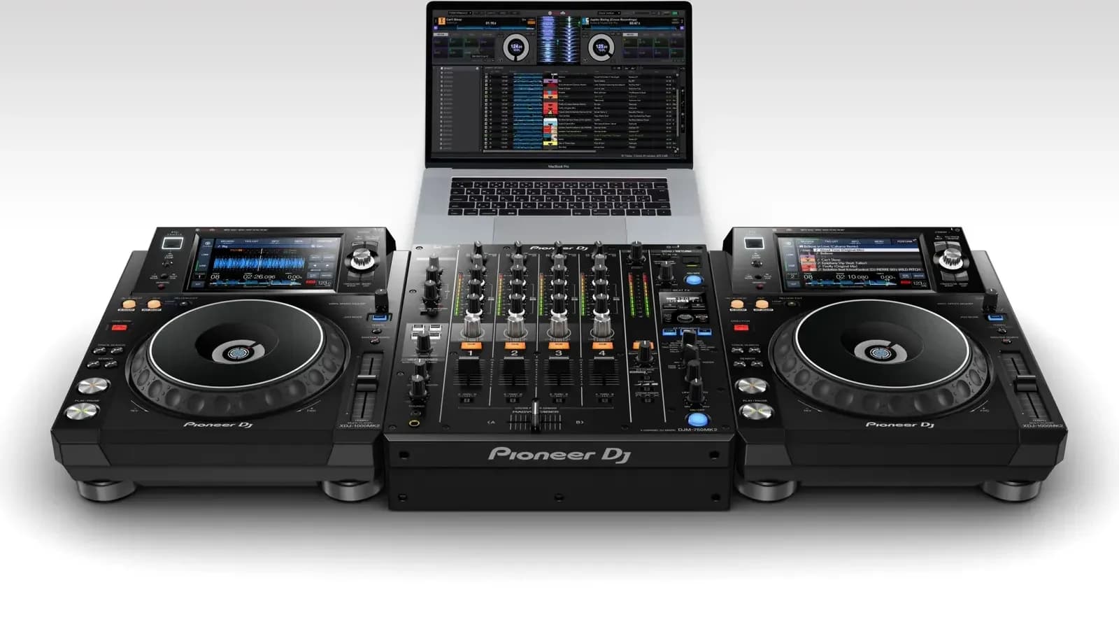 Pioneer DJ DJM-750MK2 between two XDJ-1000MK2 players, with a laptop