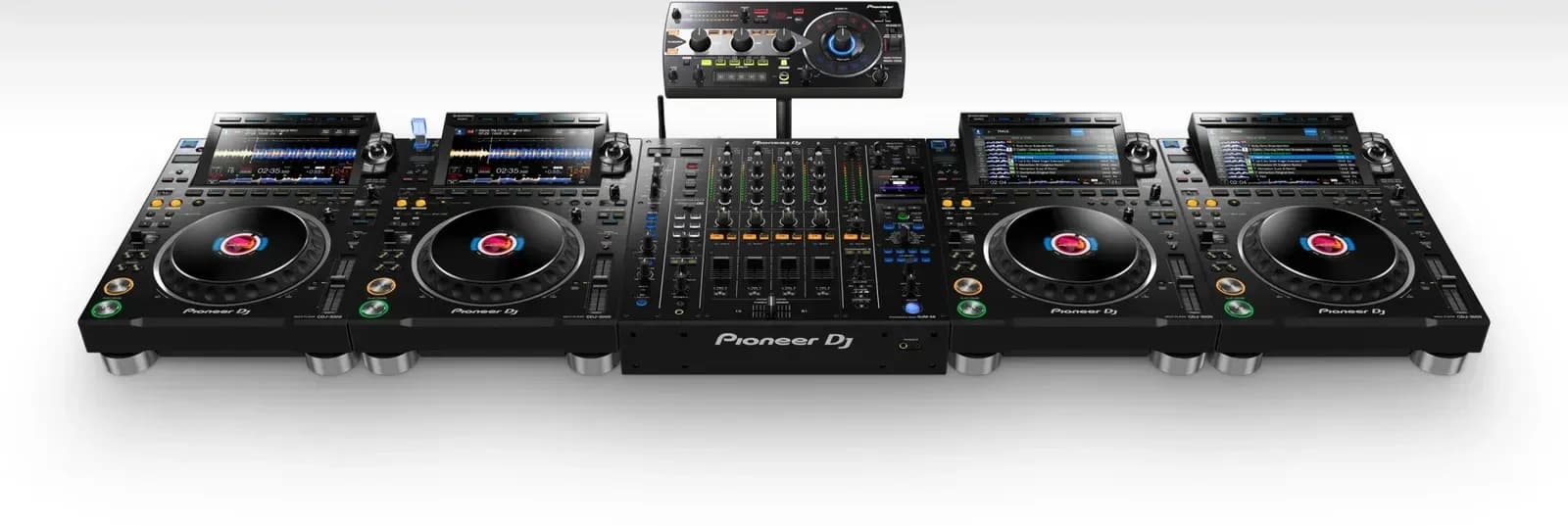 Pioneer DJ DJM-A9 in a setup with four CDJ-3000s and an RMX-1000