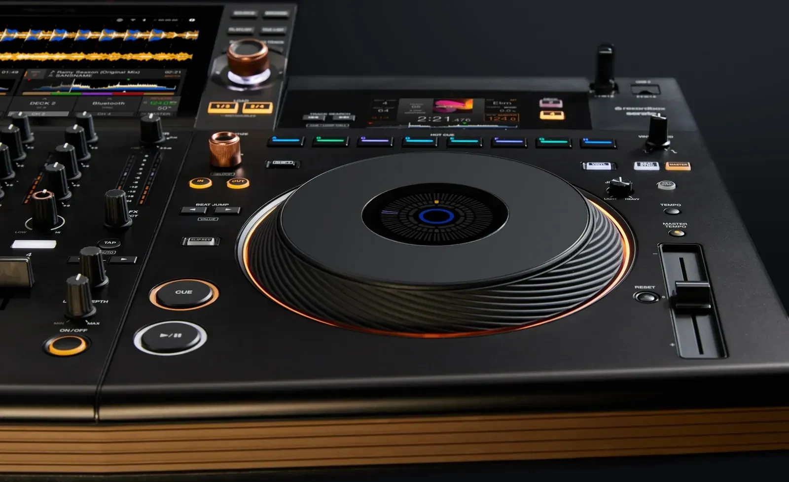 Jog wheel and wood side panel on the Pioneer DJ OPUS-QUAD