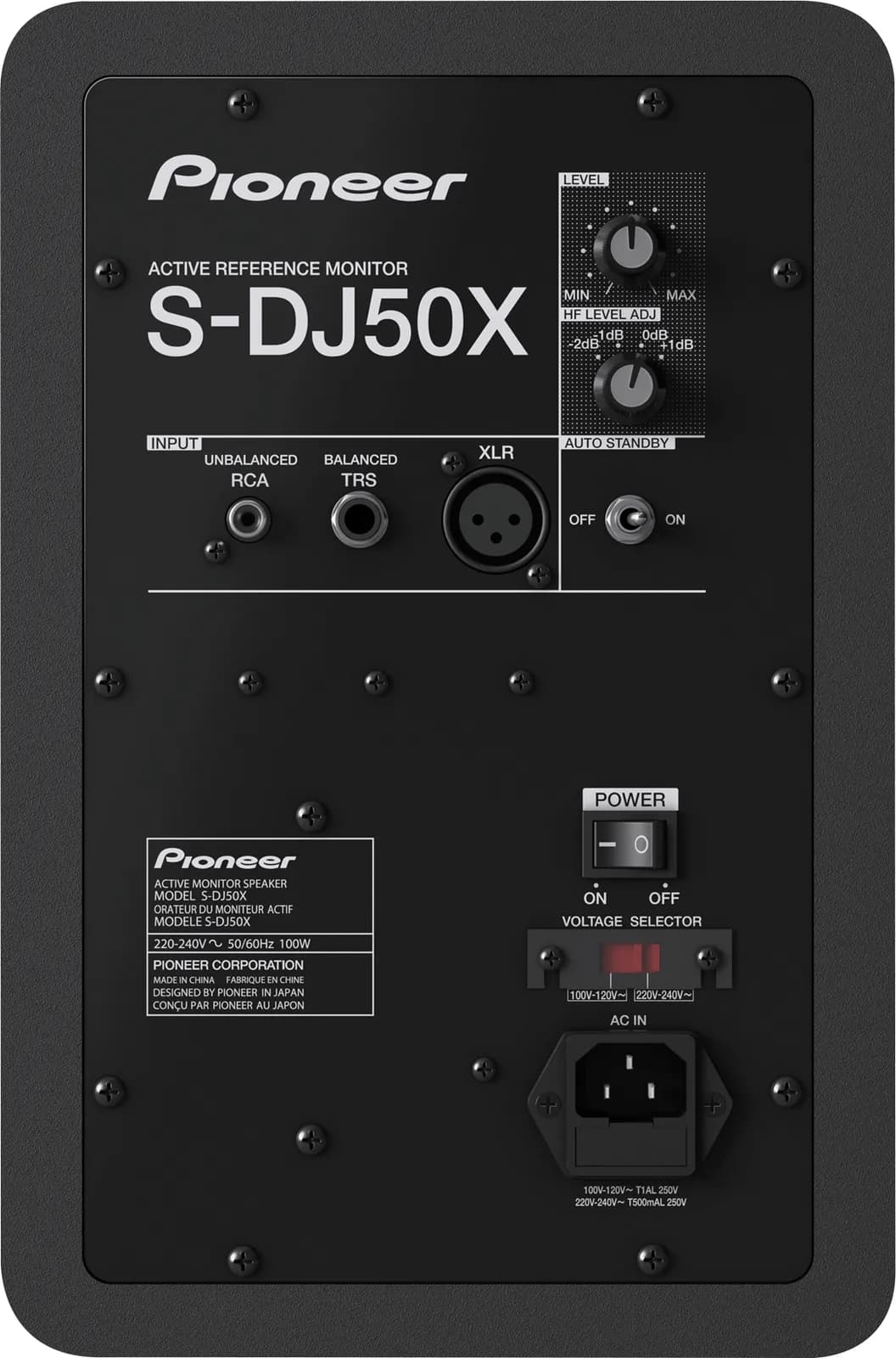 Rear panel of the Pioneer DJ S-DJ50X with XLR, TRS and RCA inputs