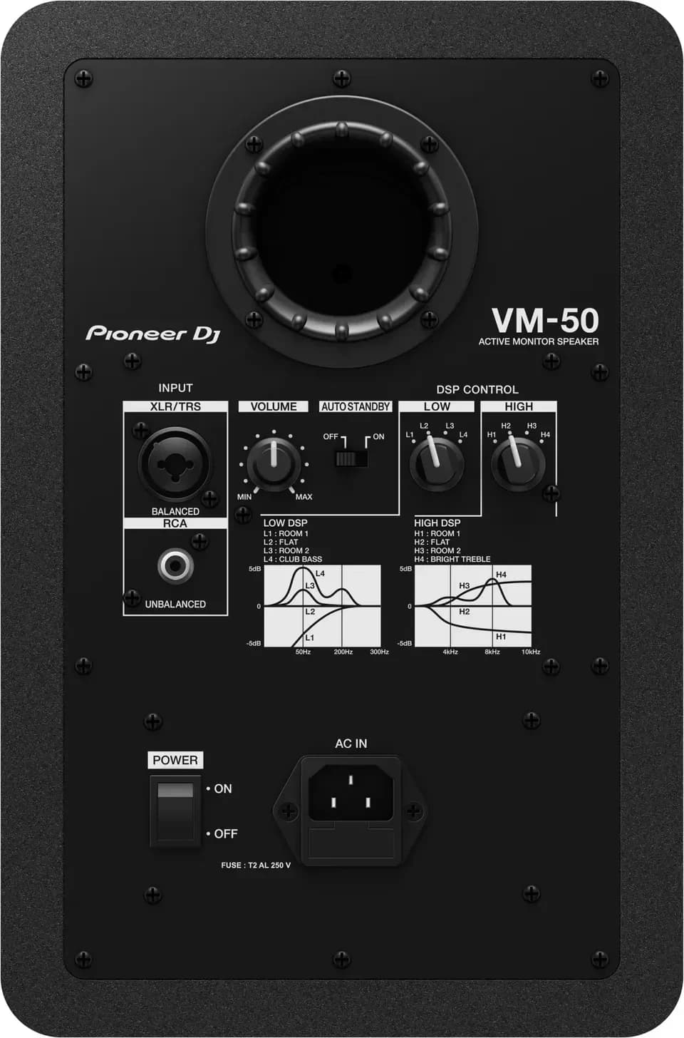 Rear panel of the Pioneer DJ VM-50, with DSP controls and inputs