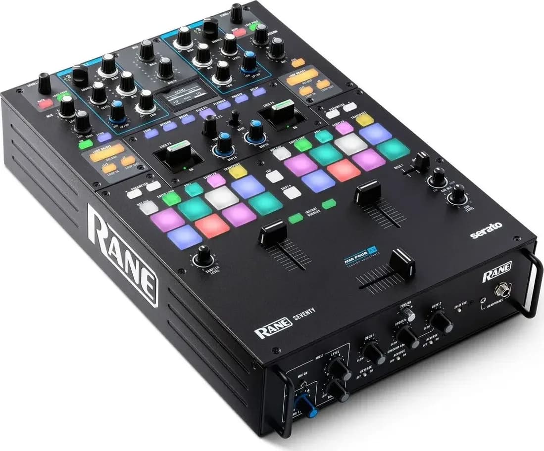 Rane Seventy two-channel DJ mixer, angled view from the front left