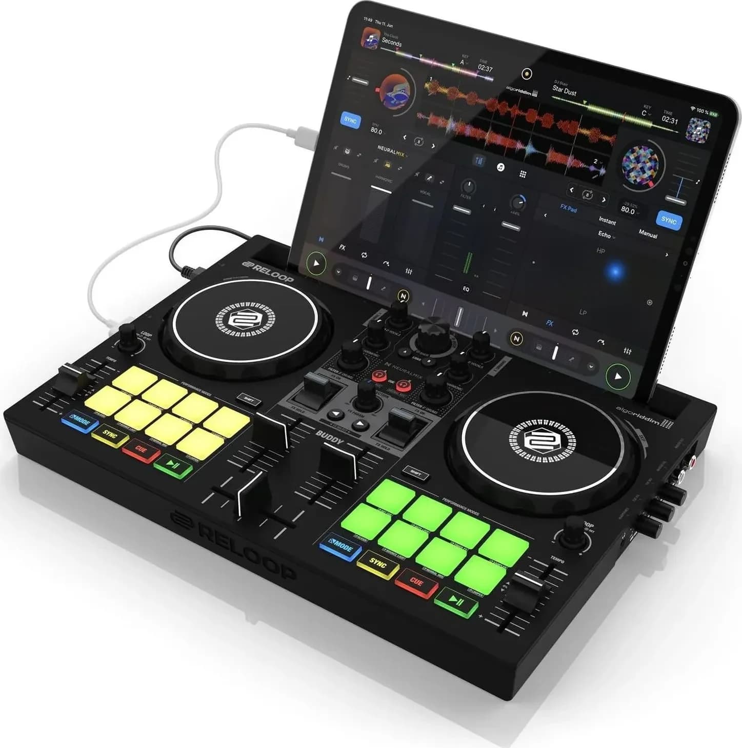 Reloop Buddy at an angle with a tablet in its dock