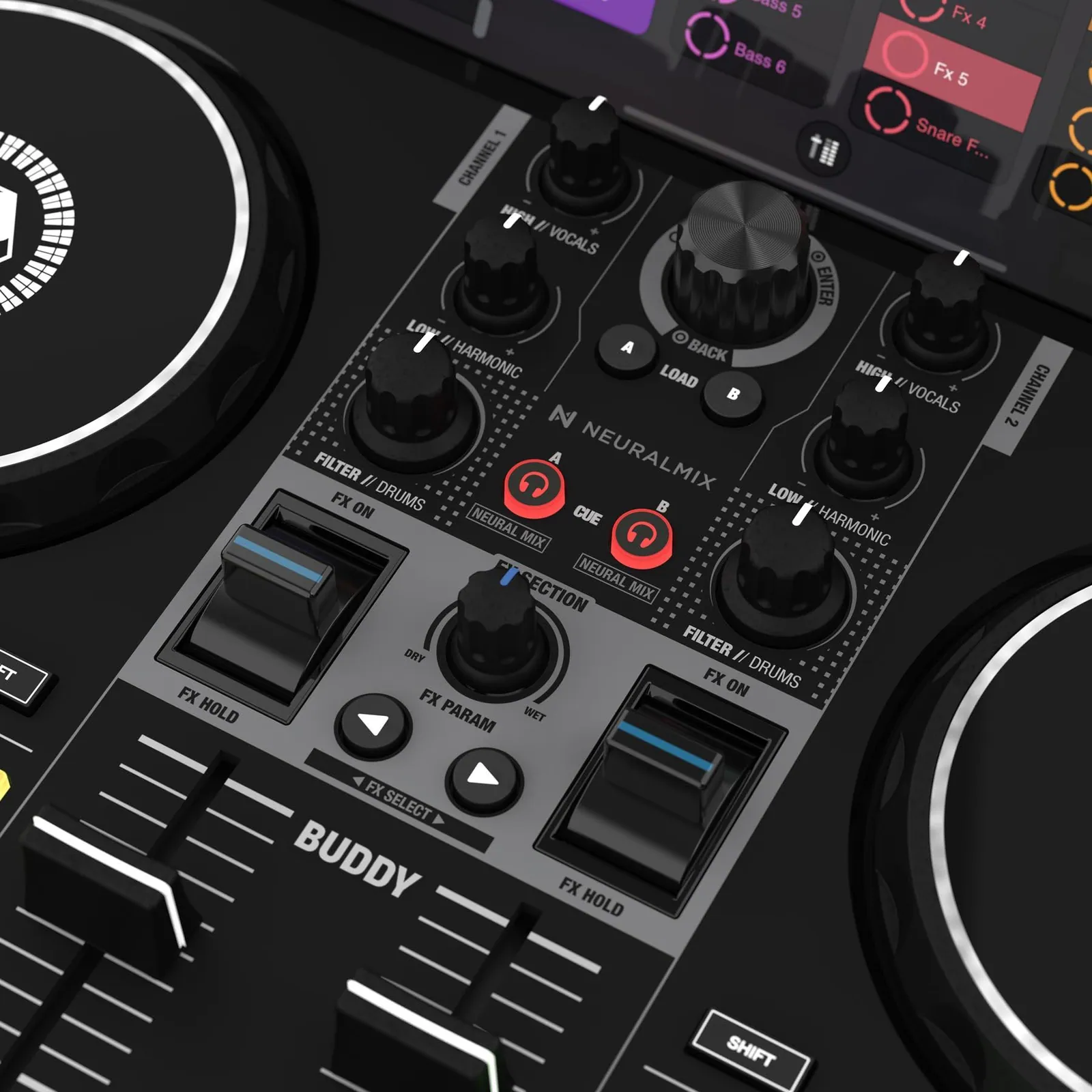 Mixer section and Neural Mix controls on the Reloop Buddy