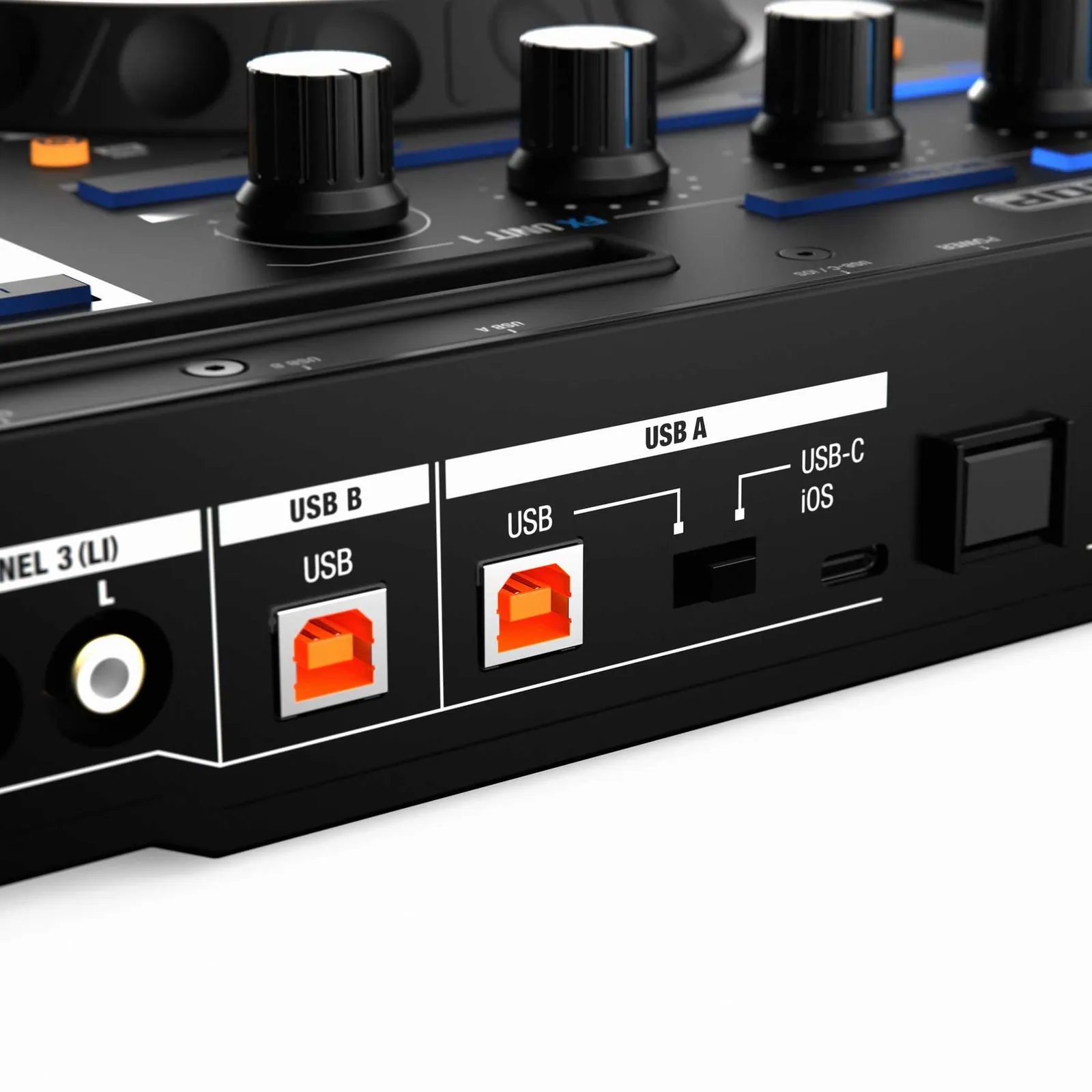 USB and input connections on the rear of the Reloop Mixon 8 Pro
